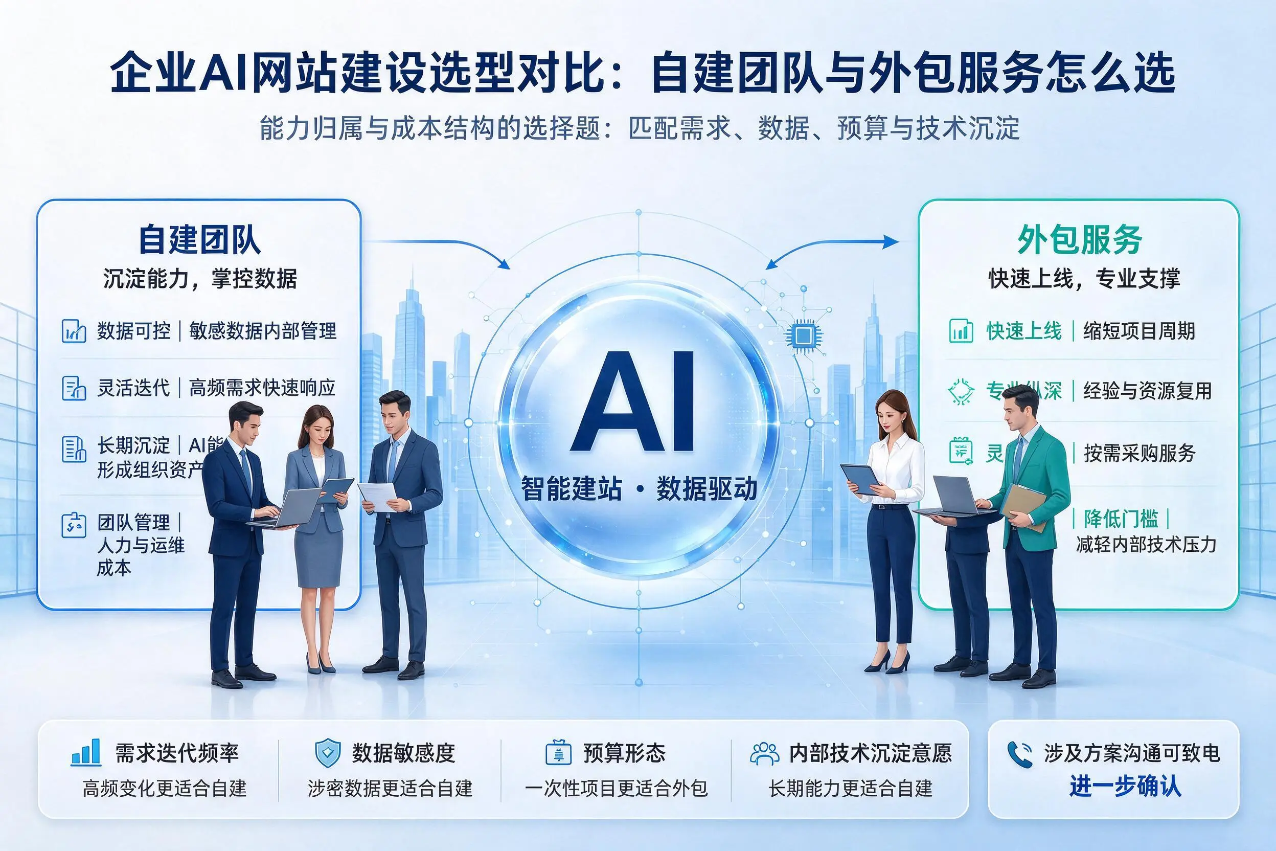 安康企业AI网站建设选型对比：自建团队与外包服务怎么选